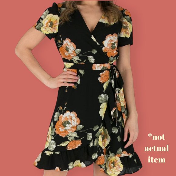 Luxology Dresses & Skirts - 💐 NWT FLORAL RUFFLE WRAP DRESS BLACK ORANGE YELLOW LUXOLOGY SZ S